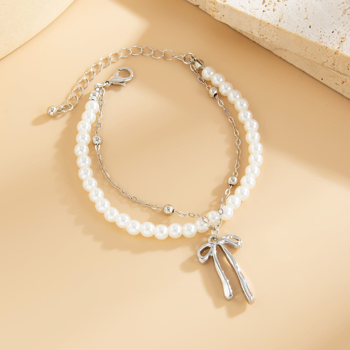 Elegant Layered Bowknot Pendant Pearl Chain Bracelet - ArtGalleryZen