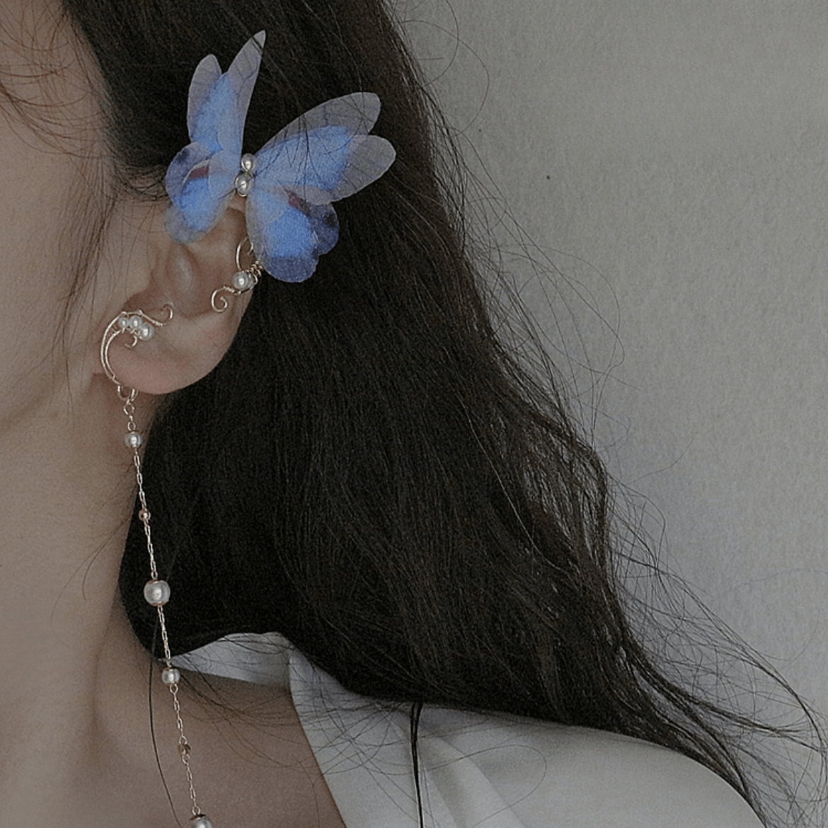 Elegant Layered Butterfly Pearl Long Chain Ribbon Elf Ear Cuff Wrap Earring - ArtGalleryZen