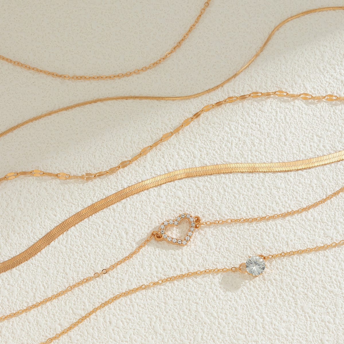 Elegant Layered CZ Inlaid Heart Pendant Snake Chain Necklace Set - ArtGalleryZen