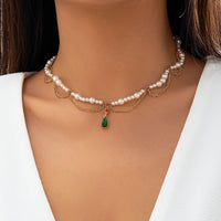 Thumbnail for Elegant Layered Emerald Crystal Waterdrop Pendant Pearl Chain Necklace - ArtGalleryZen