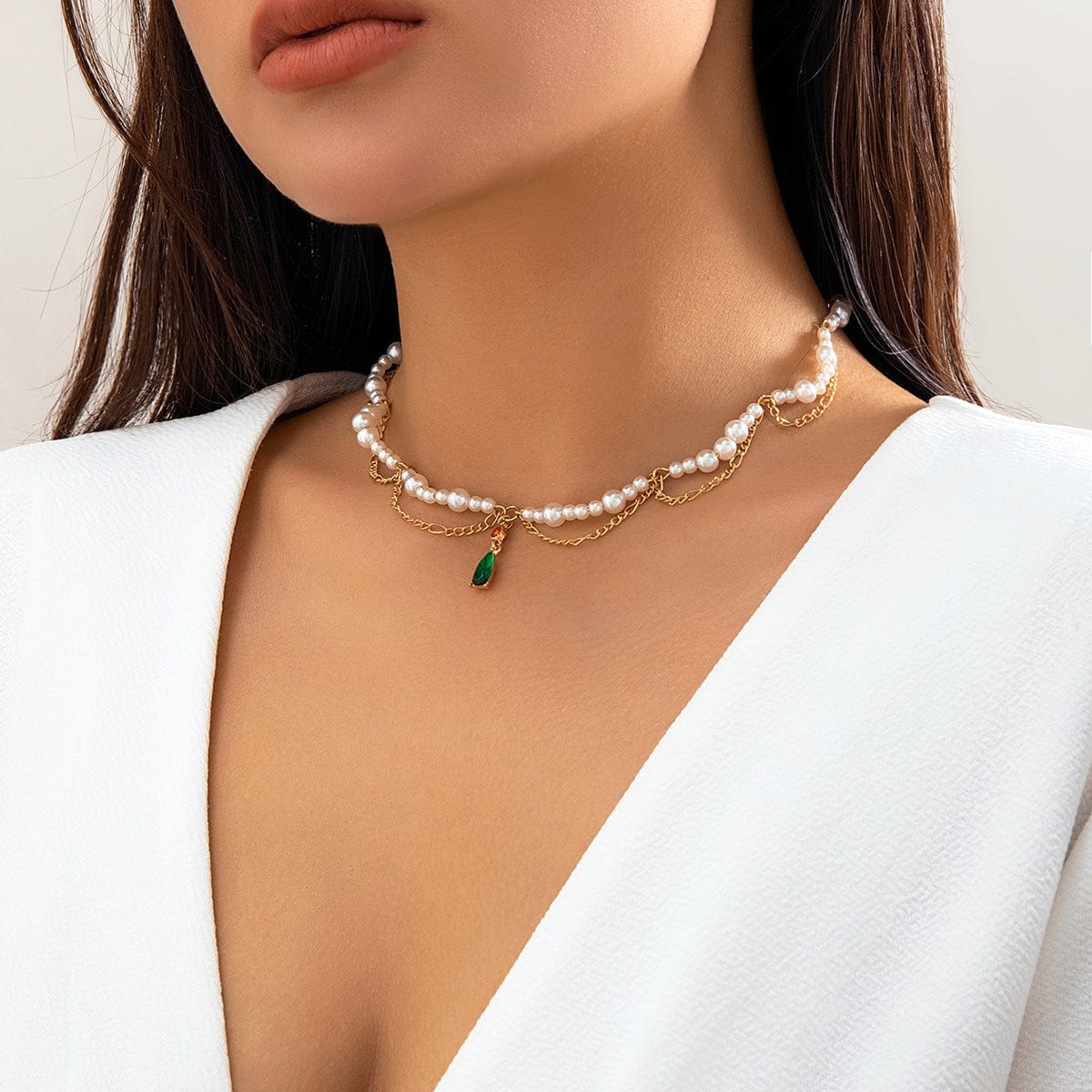 Elegant Layered Emerald Crystal Waterdrop Pendant Pearl Chain Necklace - ArtGalleryZen