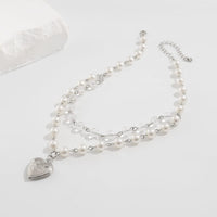 Thumbnail for Elegant Layered Floral Heart Pendant Crystal Pearl Chain Necklace - ArtGalleryZen