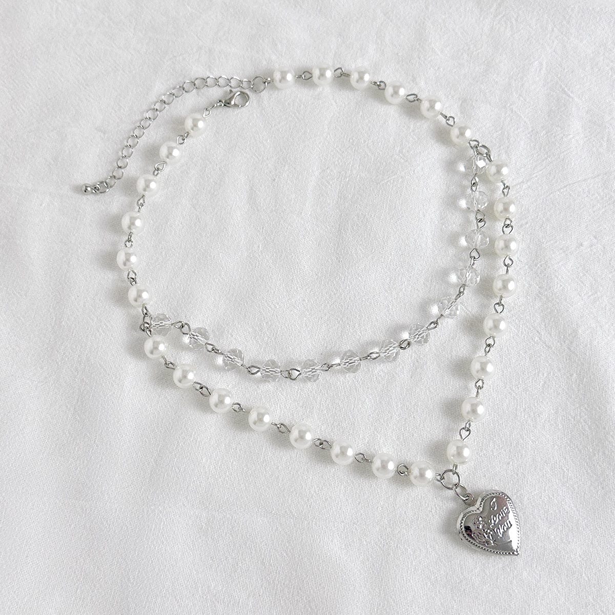 Elegant Layered Floral Heart Pendant Crystal Pearl Chain Necklace - ArtGalleryZen