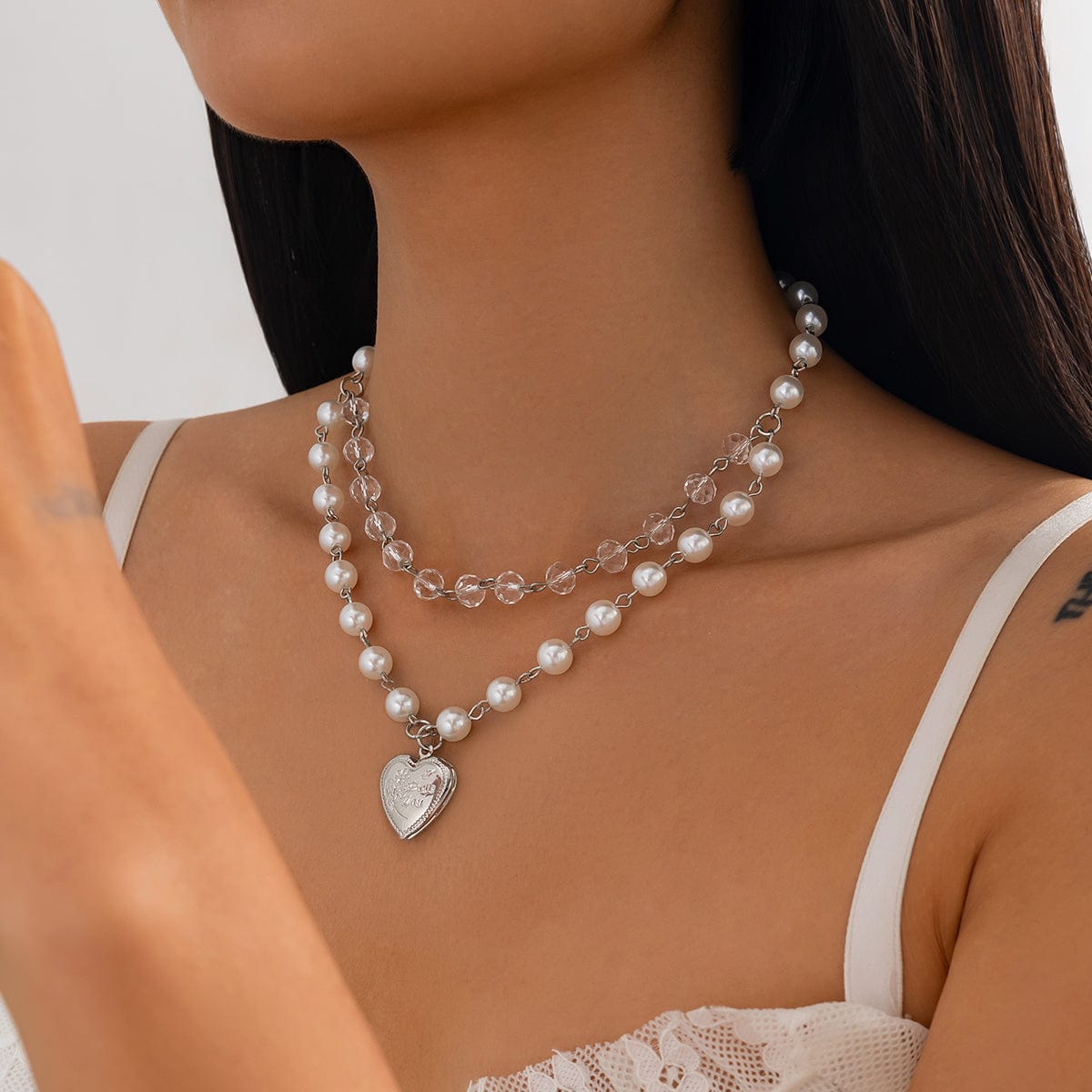 Elegant Layered Floral Heart Pendant Crystal Pearl Chain Necklace - ArtGalleryZen