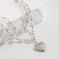 Thumbnail for Elegant Layered Floral Heart Pendant Crystal Pearl Chain Necklace - ArtGalleryZen