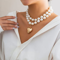 Thumbnail for Elegant Layered Heart Pendant Chunky Pearl Chain Choker Necklace Set - ArtGalleryZen