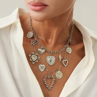 Thumbnail for Elegant Layered Hollow Floral Heart Pendant Curb Chain Necklace - ArtGalleryZen