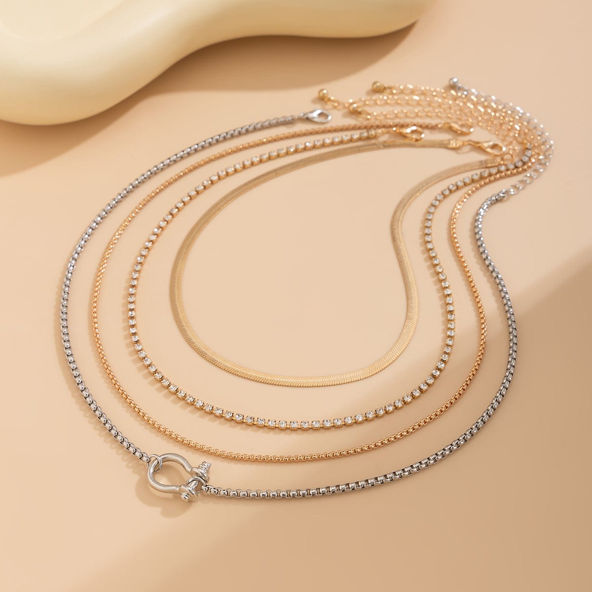 Elegant Layered Horseshoe Charm Snake Box Chain Necklace Set - ArtGalleryZen