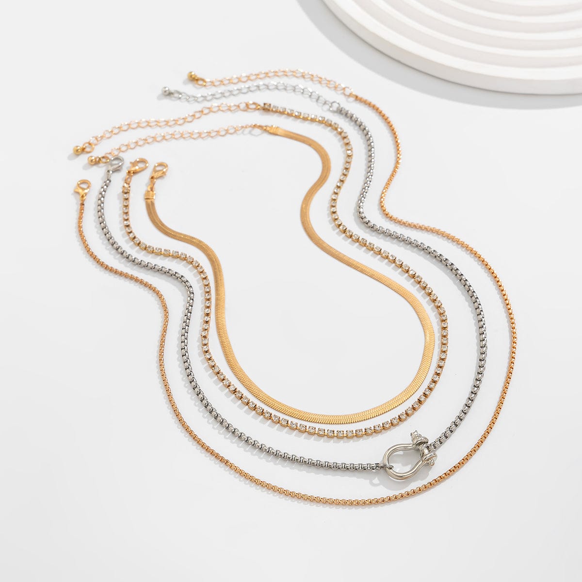Elegant Layered Horseshoe Charm Snake Box Chain Necklace Set - ArtGalleryZen