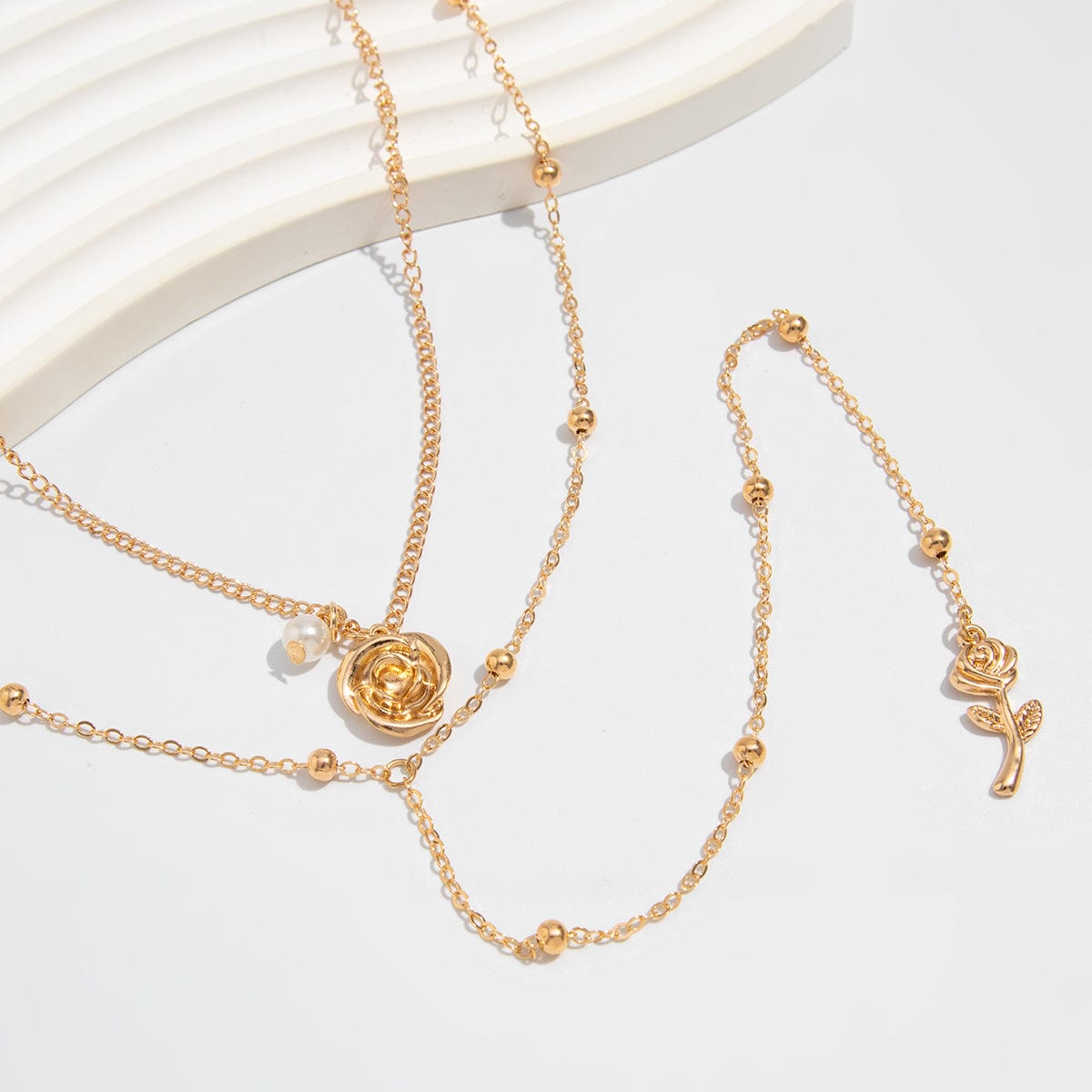 Elegant Layered Rose Pearl Charm Long Chain Y Necklace - ArtGalleryZen