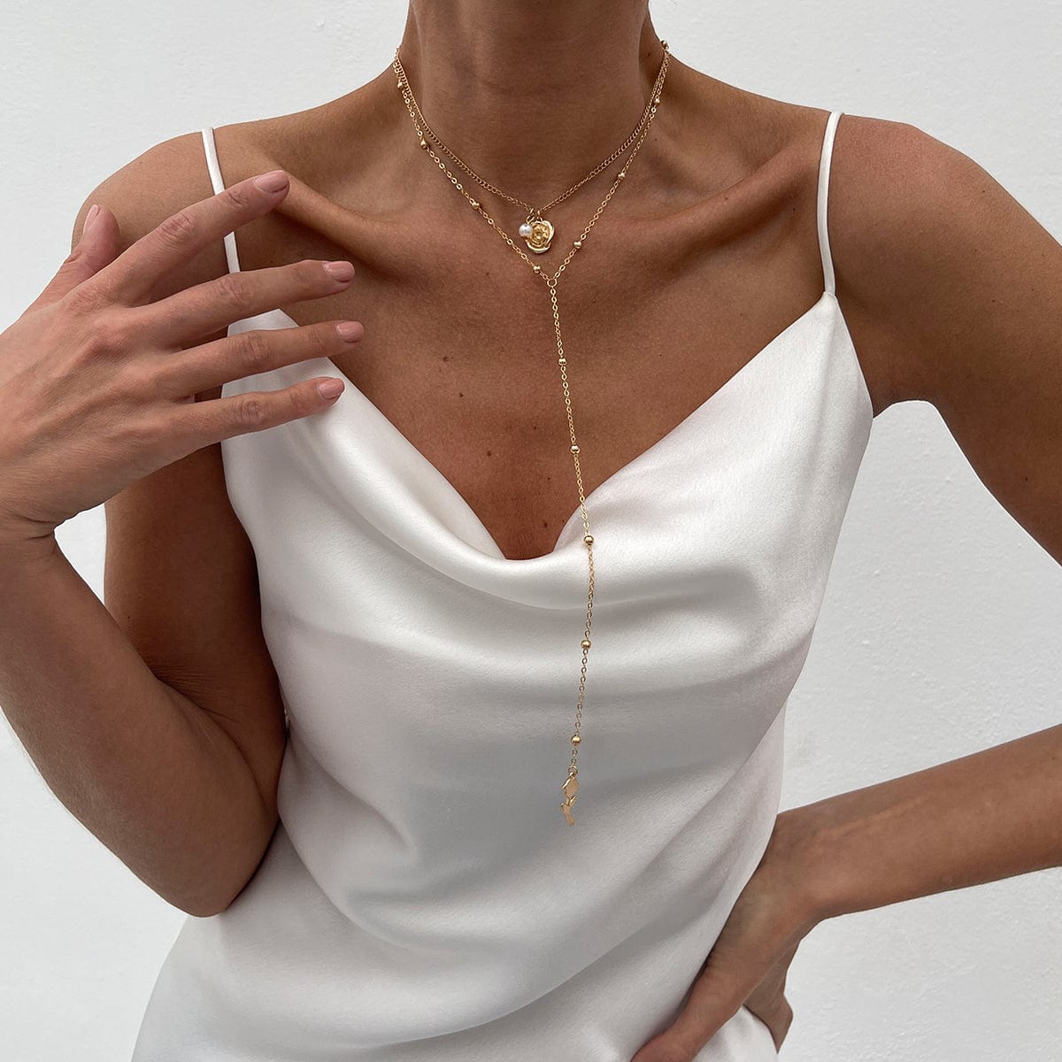 Elegant Layered Rose Pearl Charm Long Chain Y Necklace - ArtGalleryZen