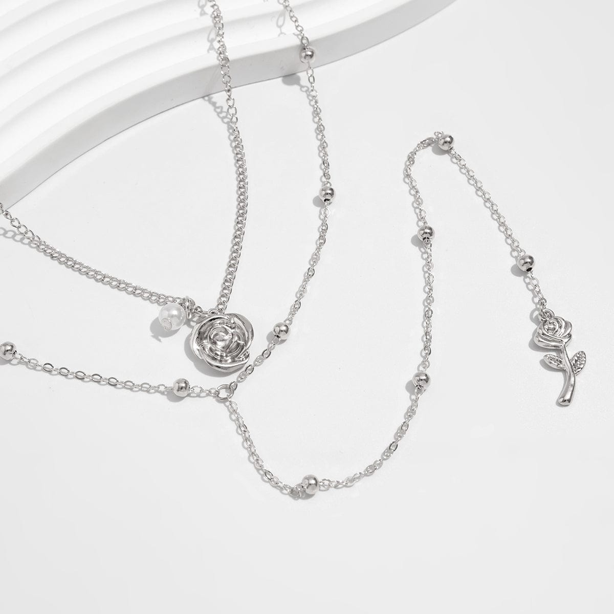 Elegant Layered Rose Pearl Charm Long Chain Y Necklace - ArtGalleryZen
