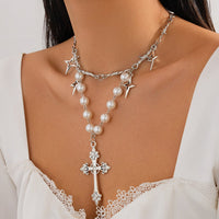 Thumbnail for Elegant Layered Silver Plated Star Cross Pendant Pearl Chain Necklace - ArtGalleryZen