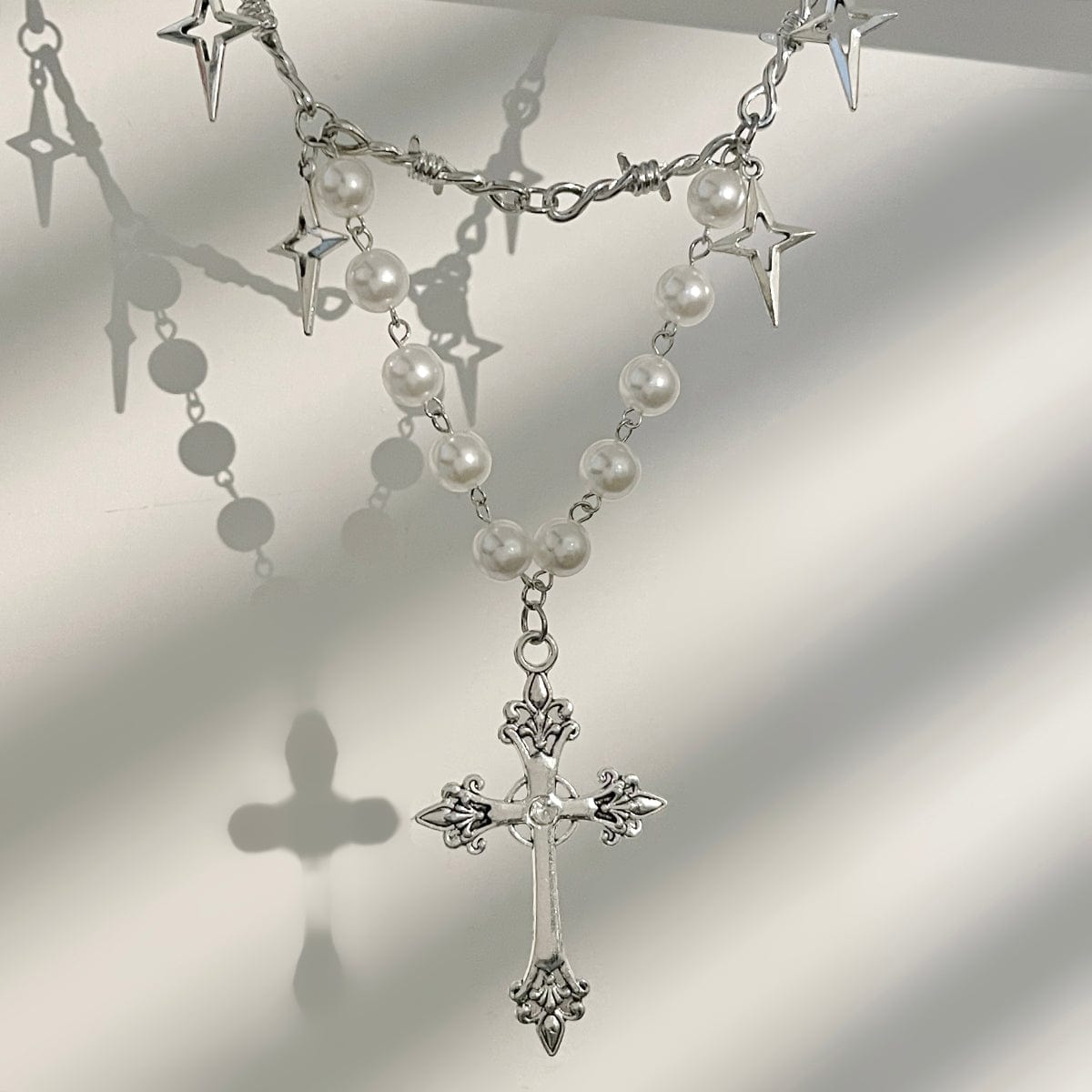 Elegant Layered Silver Plated Star Cross Pendant Pearl Chain Necklace - ArtGalleryZen