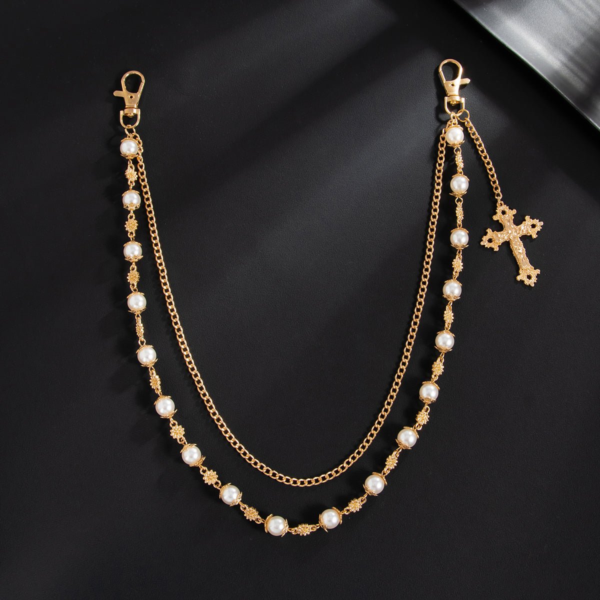 Elegant Layered Silver Tone Cross Pendant Pearl Trouser Chain - ArtGalleryZen