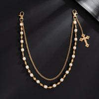 Thumbnail for Elegant Layered Silver Tone Cross Pendant Pearl Trouser Chain - ArtGalleryZen
