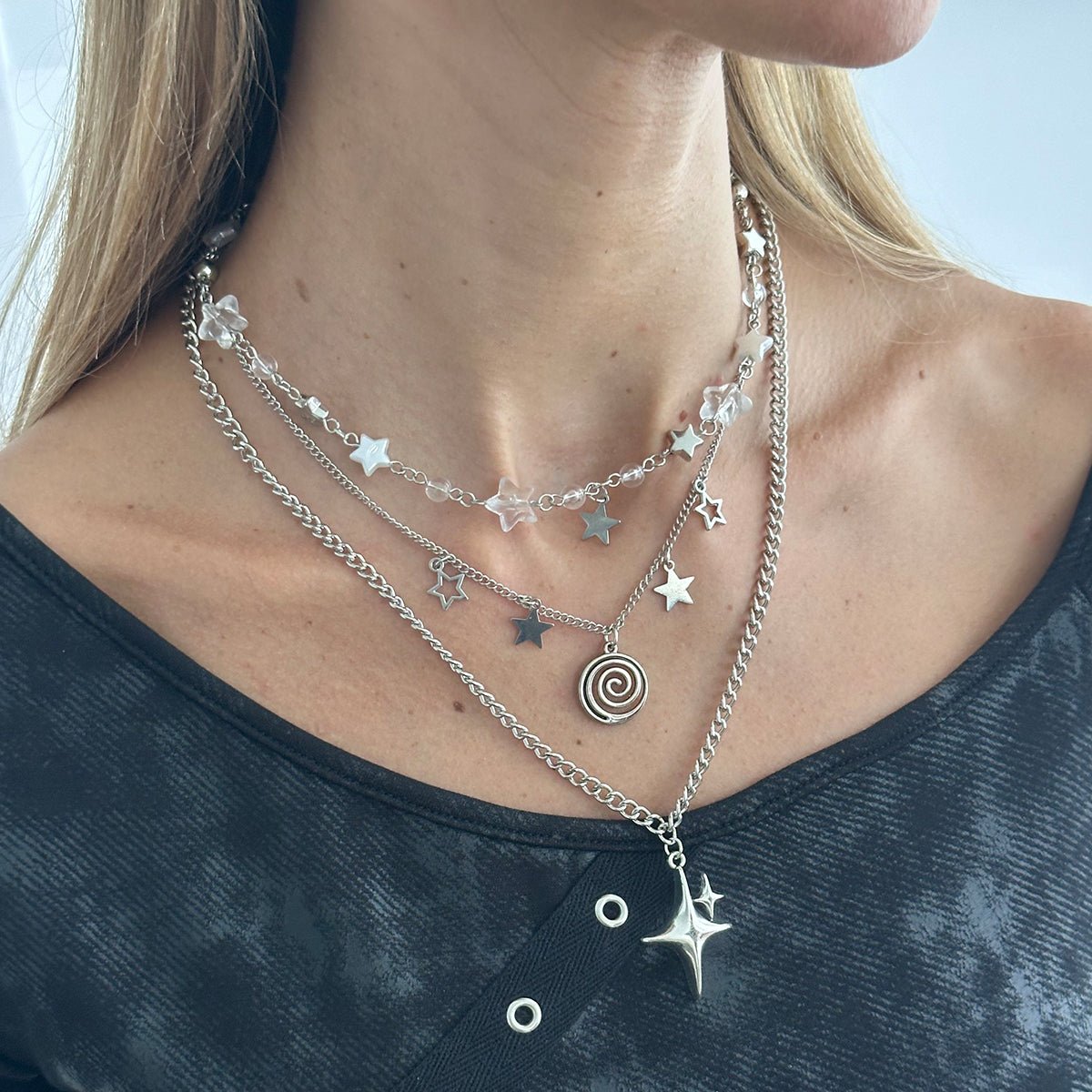 Elegant Layered Star Spiral Pendant Curb Chain Necklace Set - ArtGalleryZen