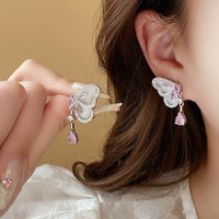 Thumbnail for Elegant Pink Crystal Dangle CZ Inlaid Enamel Butterfly Earrings - ArtGalleryZen