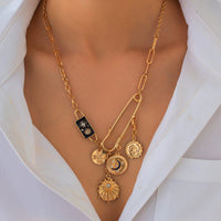 Thumbnail for Elegant Rhinestone Inlaid Enamel Round Disk Square Charm Paperclip Necklace - ArtGalleryZen