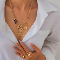 Thumbnail for Elegant Rhinestone Inlaid Enamel Round Disk Square Charm Paperclip Necklace - ArtGalleryZen