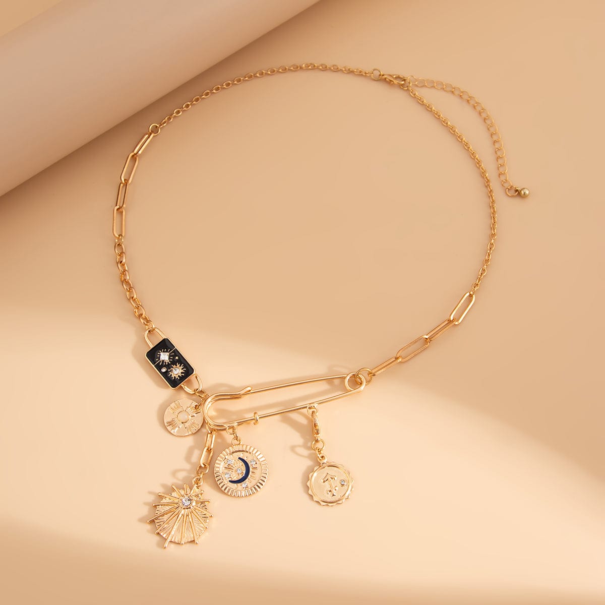 Elegant Rhinestone Inlaid Enamel Round Disk Square Charm Paperclip Necklace - ArtGalleryZen
