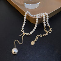 Thumbnail for Elegant Rhinestone Inliad Bowknot Charm Pearl Chain Y Necklace - ArtGalleryZen