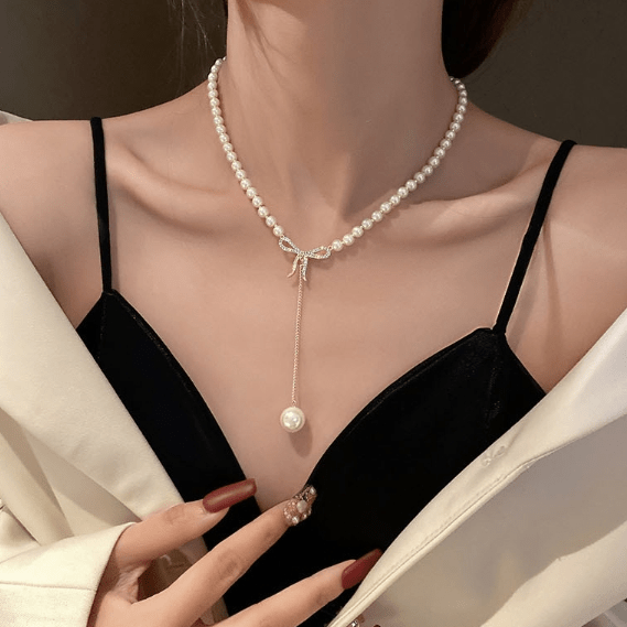 Elegant Rhinestone Inliad Bowknot Charm Pearl Chain Y Necklace - ArtGalleryZen