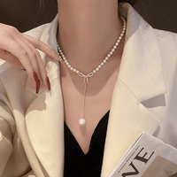 Thumbnail for Elegant Rhinestone Inliad Bowknot Charm Pearl Chain Y Necklace - ArtGalleryZen