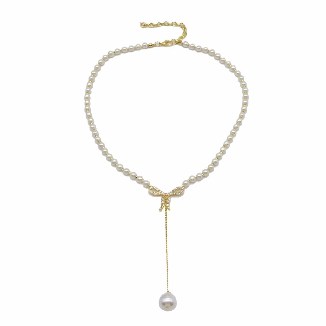 Elegant Rhinestone Inliad Bowknot Charm Pearl Chain Y Necklace - ArtGalleryZen