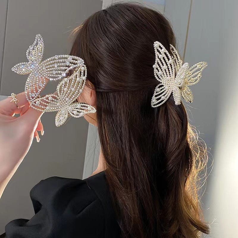 Elegant Rhinestone Pearl Inlaid Butterfly Chignon Claw Clip Hair Clip - ArtGalleryZen