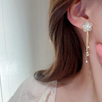 Thumbnail for Enamel Camellia Flower Rhinestone Chain Tassel Earrings - ArtGalleryZen