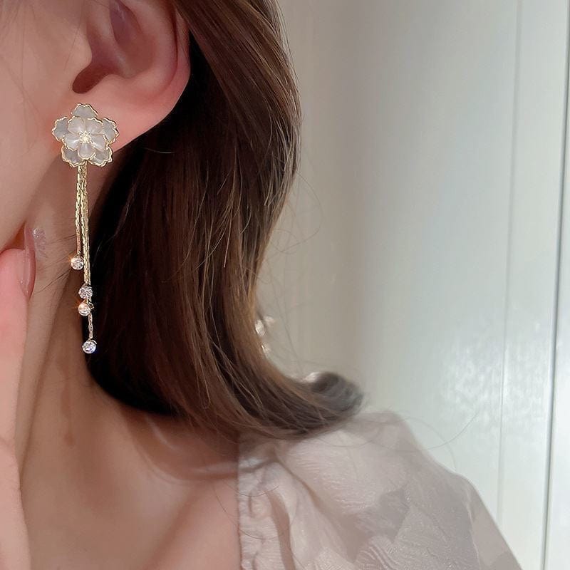 Enamel Camellia Flower Rhinestone Chain Tassel Earrings - ArtGalleryZen