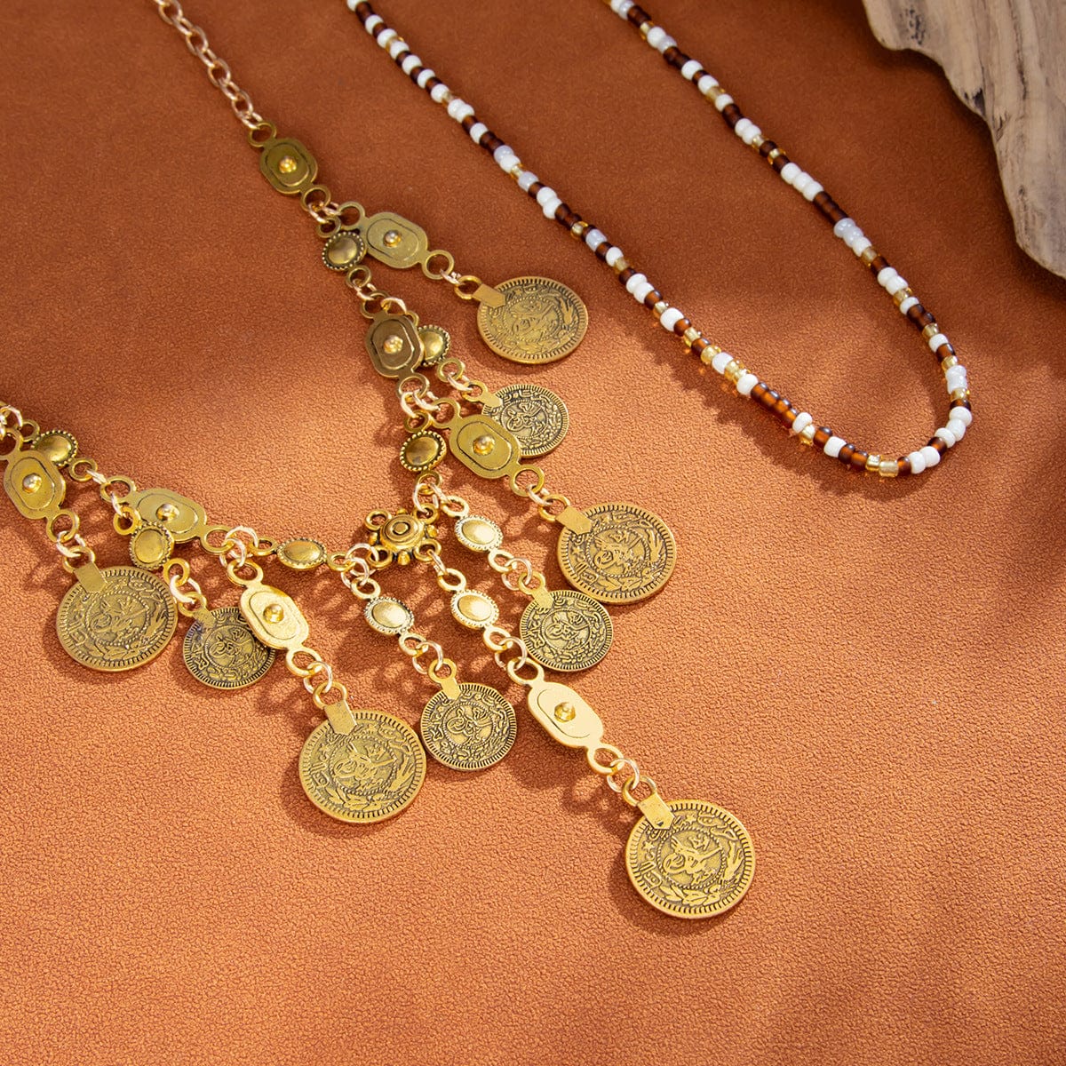 Ethnic Style 2pcs Ancient Coin Pendant Seed Beaded Necklace Set - ArtGalleryZen
