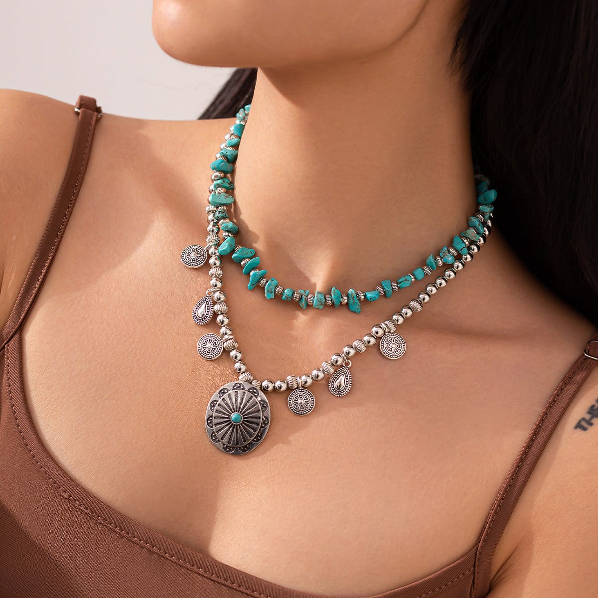 Ethnic Style 2pcs Pattern Round Disk Charm Turquoise Beaded Chain Necklace Set - ArtGalleryZen