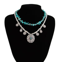 Thumbnail for Ethnic Style 2pcs Pattern Round Disk Charm Turquoise Beaded Chain Necklace Set - ArtGalleryZen