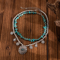 Thumbnail for Ethnic Style 2pcs Pattern Round Disk Charm Turquoise Beaded Chain Necklace Set - ArtGalleryZen