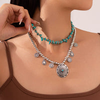 Thumbnail for Ethnic Style 2pcs Pattern Round Disk Charm Turquoise Beaded Chain Necklace Set - ArtGalleryZen
