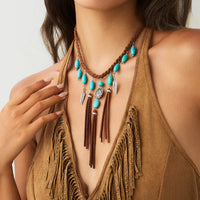 Thumbnail for Ethnic Style Feather Turquoise Pendant Braided Velvet Necklace - ArtGalleryZen