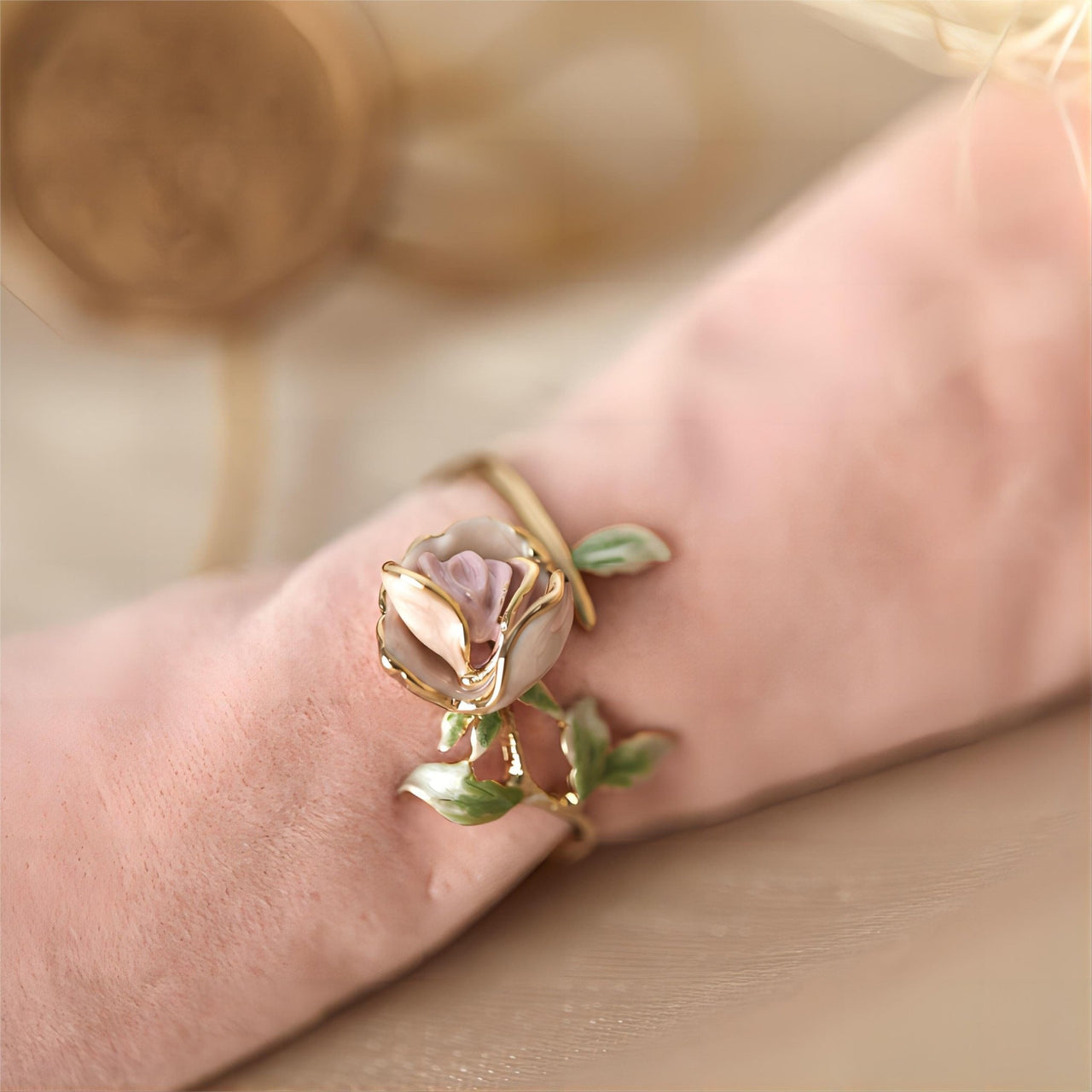 Exquisite Enamel Pink Rose Open Ring - ArtGalleryZen