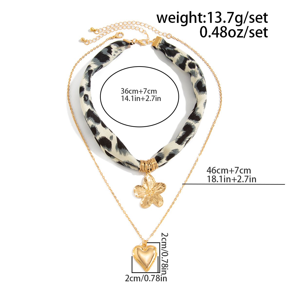 Flower Heart Pendant Leopard Print Chiffon Necklace Set 2 Pcs Boho - ArtGalleryZen