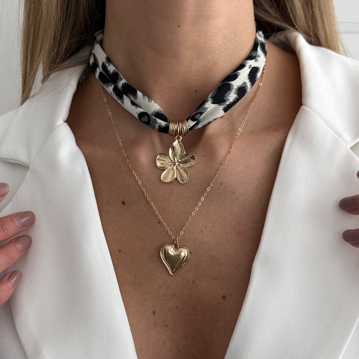 Flower Heart Pendant Leopard Print Chiffon Necklace Set 2 Pcs Boho - ArtGalleryZen
