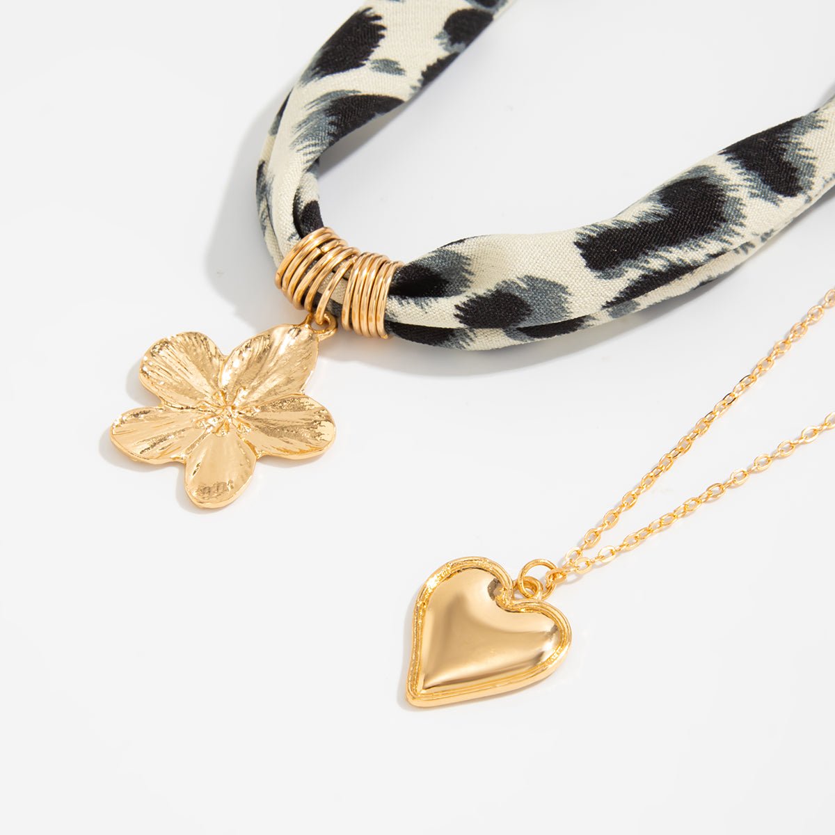 Flower Heart Pendant Leopard Print Chiffon Necklace Set 2 Pcs Boho - ArtGalleryZen