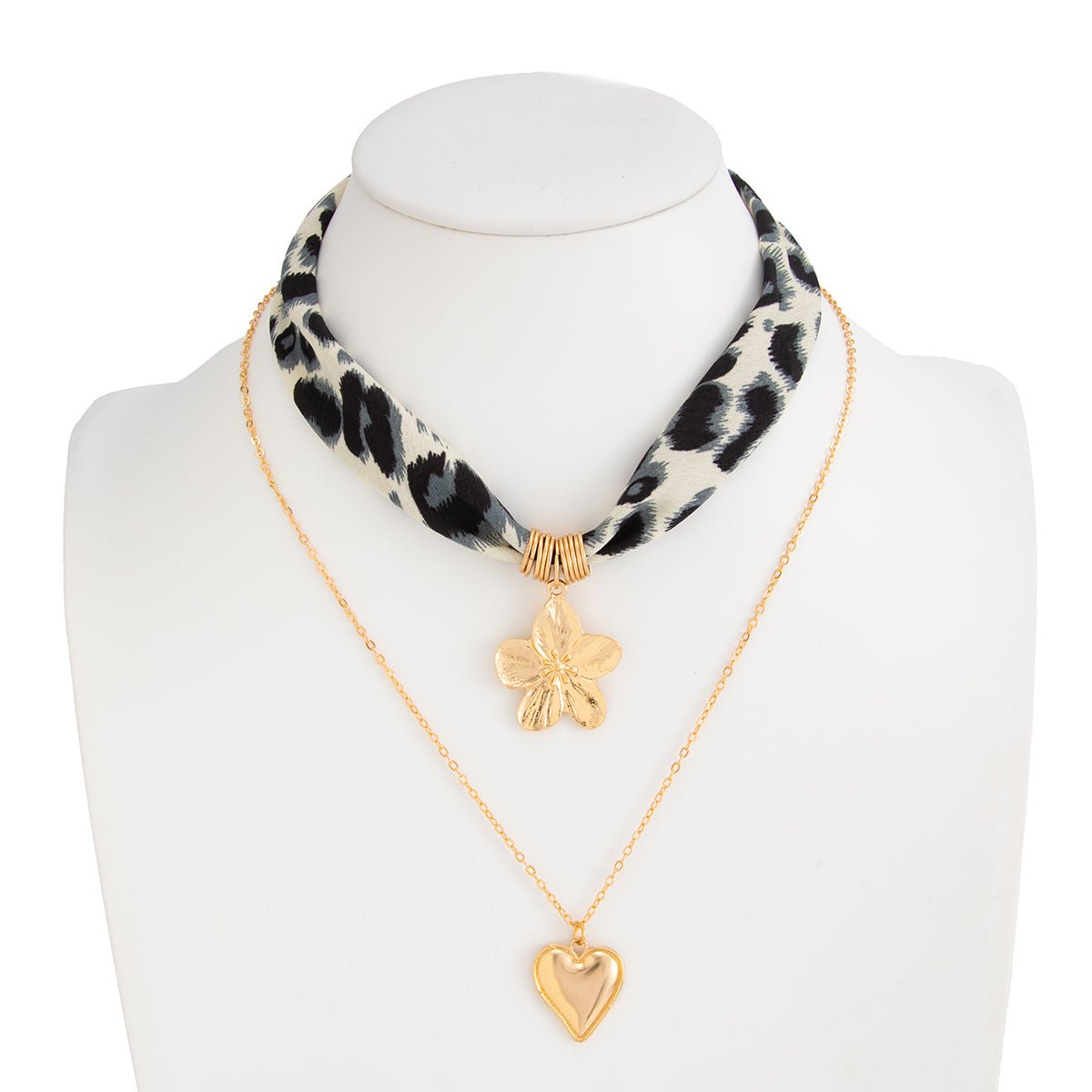 Flower Heart Pendant Leopard Print Chiffon Necklace Set 2 Pcs Boho - ArtGalleryZen