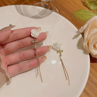 Thumbnail for French Style Camellia Flower Crystal Tassel Chain Earrings - ArtGalleryZen