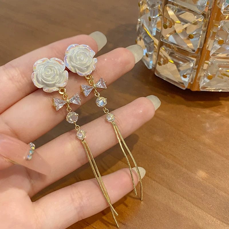 French Style Camellia Flower Crystal Tassel Chain Earrings - ArtGalleryZen