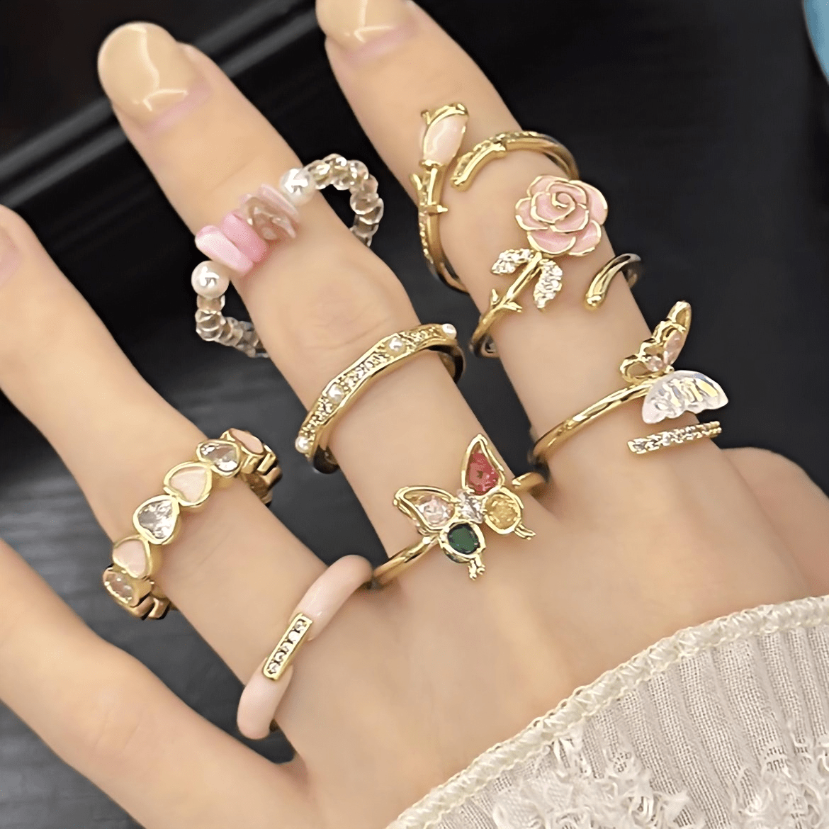 French Style CZ Inlaid Butterfly Enamel Flower Pearl Open Ring - ArtGalleryZen