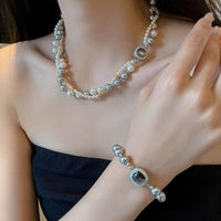 Thumbnail for French Style Layered CZ Inlaid Square Charm Pearl Chain Necklace Bracelet - ArtGalleryZen
