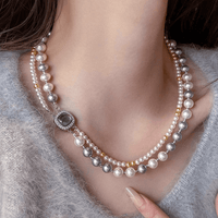 Thumbnail for French Style Layered CZ Inlaid Square Charm Pearl Chain Necklace Bracelet - ArtGalleryZen