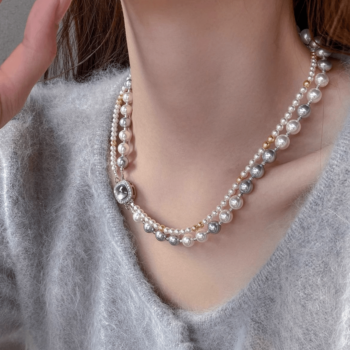 French Style Layered CZ Inlaid Square Charm Pearl Chain Necklace Bracelet - ArtGalleryZen