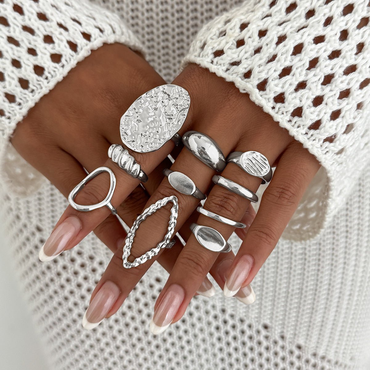 Geometric 10pcs Textured Oval Disk Glossy Hollow Ring Set - ArtGalleryZen